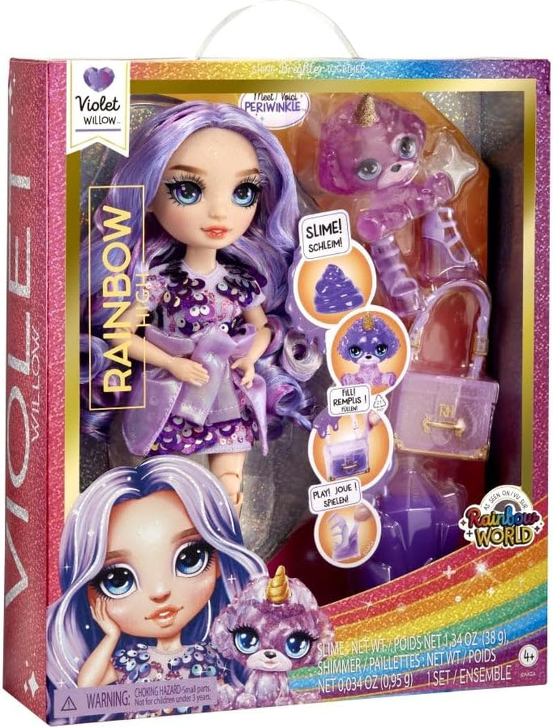 Bambola Alta Moda Arcobaleno con Slime e Animale Domestico - Viola - 28 cm Bambola Glitter con Slime Glitter, Animale Domestico Magico e Accessori Moda - Giocattolo per Bambini - Ideale per 4-12 Anni