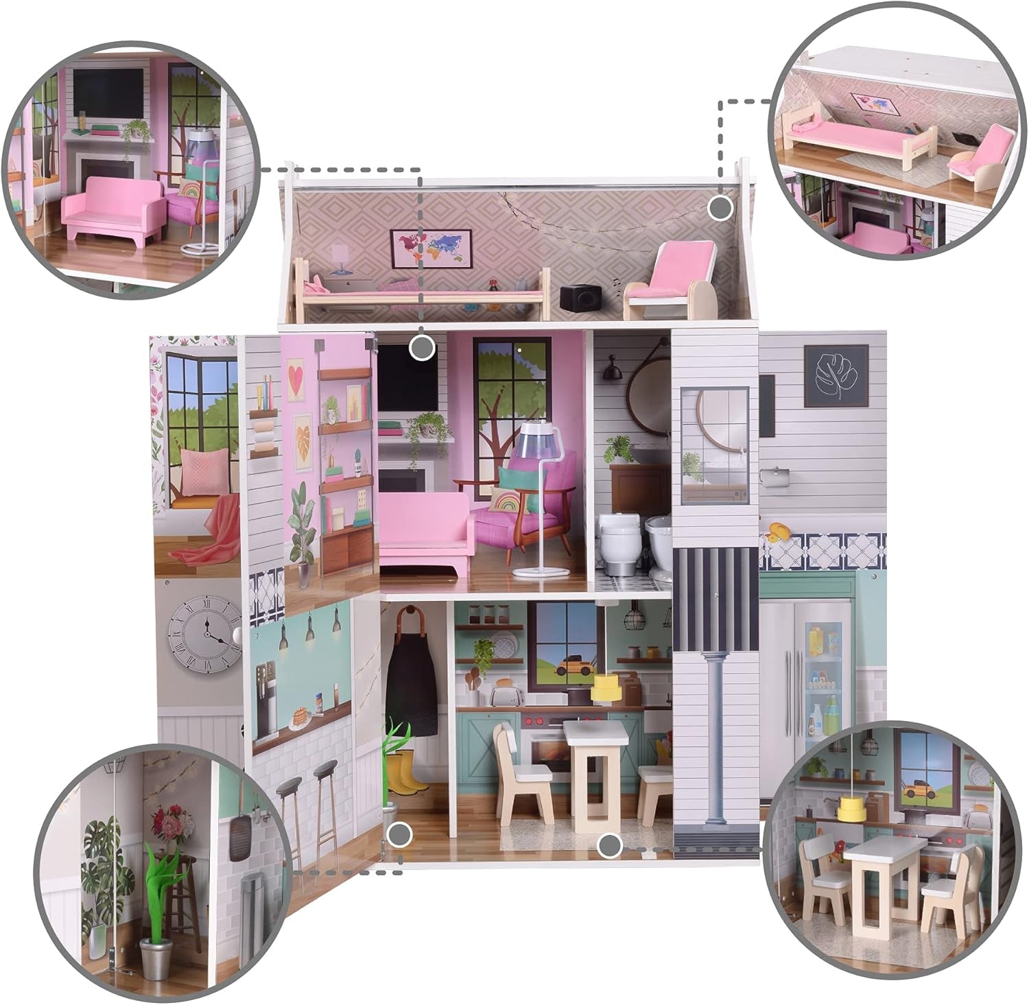 Olivia's Little World Dreamland Casa delle bambole interattiva in legno a 3 livelli con 13 accessori per mobili per bambole Bianco TD-13632A
