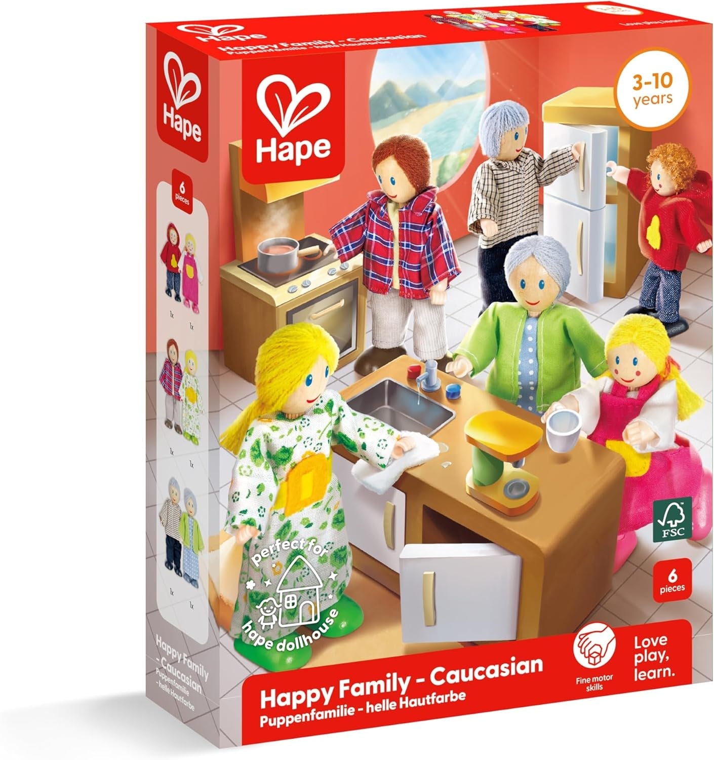 Set casa delle bambole pluripremiato della famiglia di bambole Hape, accessori unici per casa delle bambole in legno, gioco fantasioso, 6 membri della famiglia di bambole, dai 3 anni in su