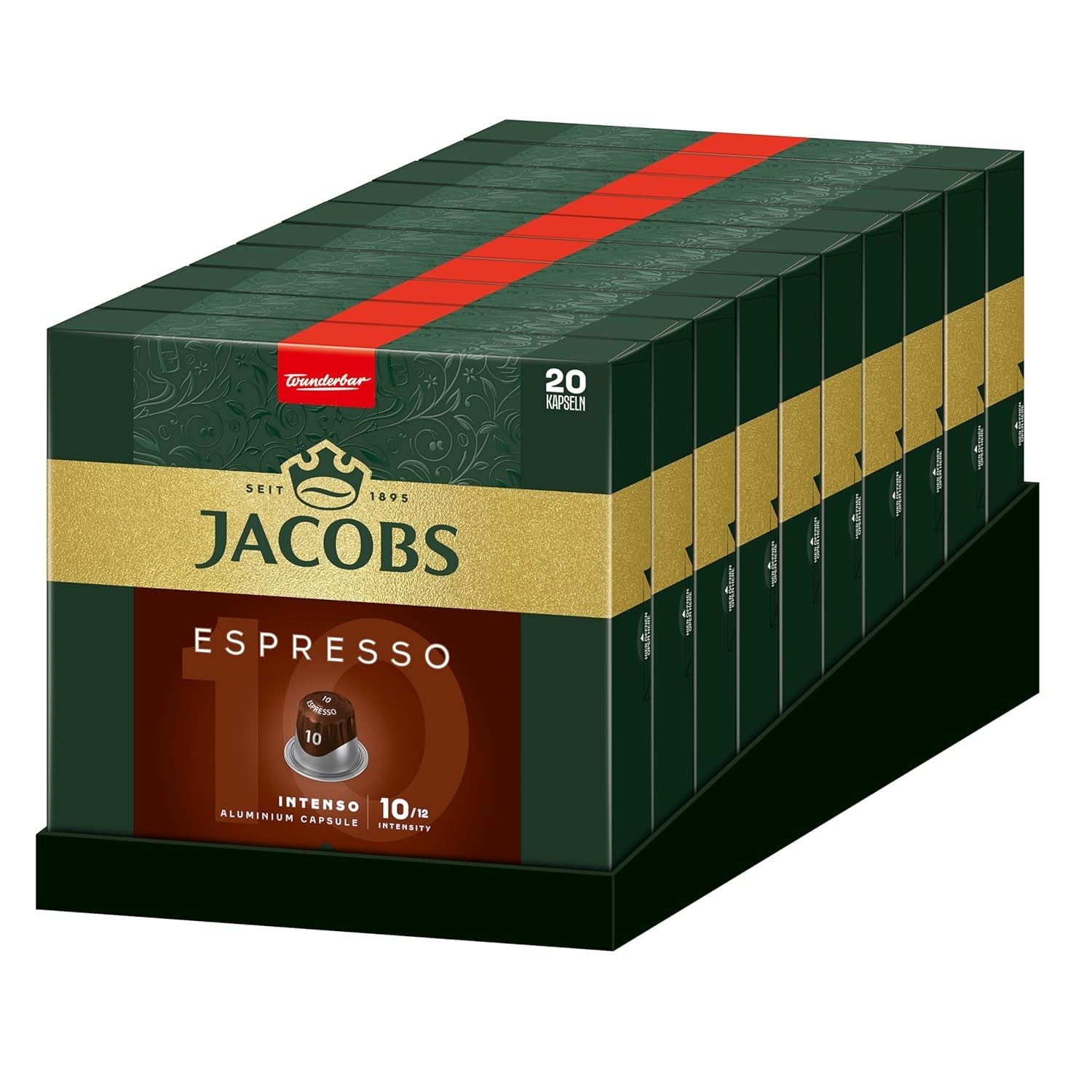 Jacobs Kaffeekapseln Espresso Intenso, Intensität 10/12, 10 x 20 Getränke, compatibile Nespresso* Kaffee Kapseln, 200 Kapseln