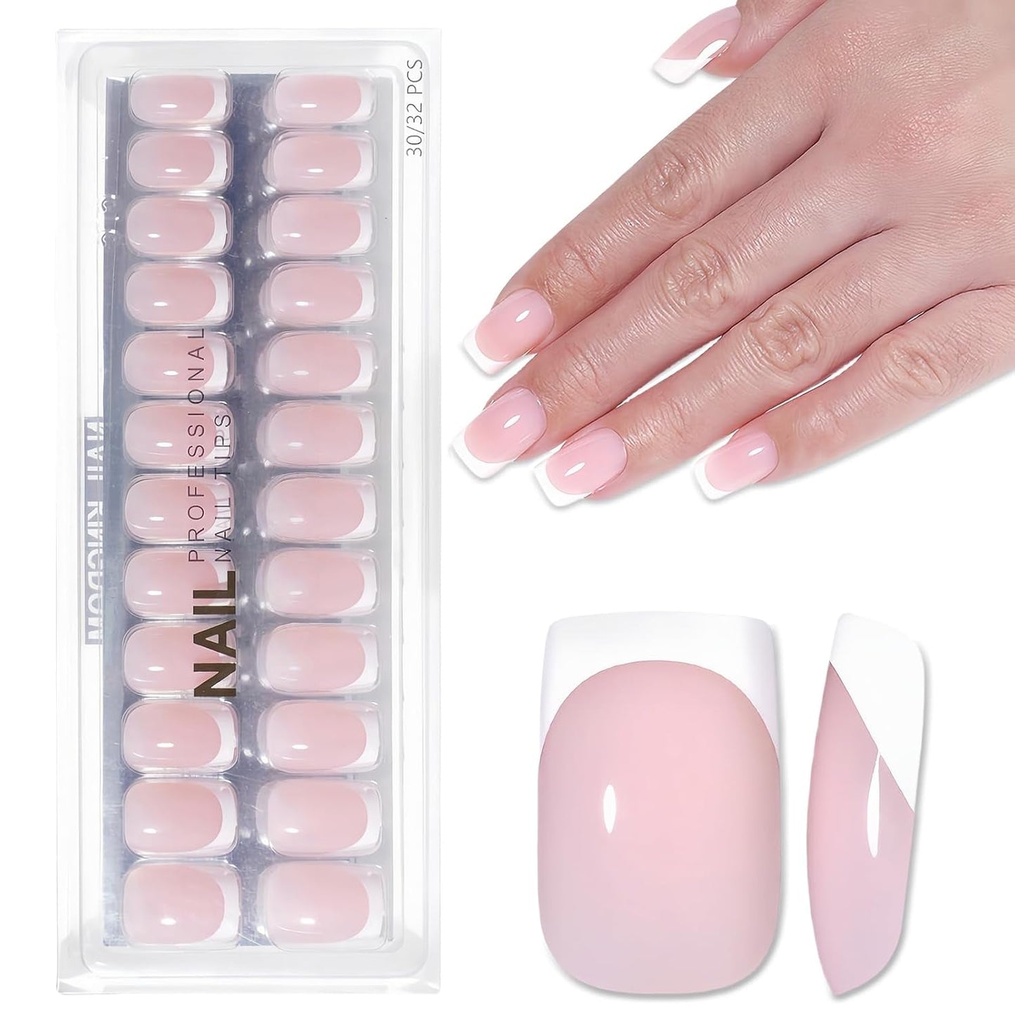 Unghie French Autoadesive Rosa Chiaro - 32 Pezzi Colla per Unghie French - Unghie Finte Corte Quadrate - Colla Traspirante su Unghie Artificiali - Unghie Finte a Copertura Completa per Donne (Rosa Chiaro)