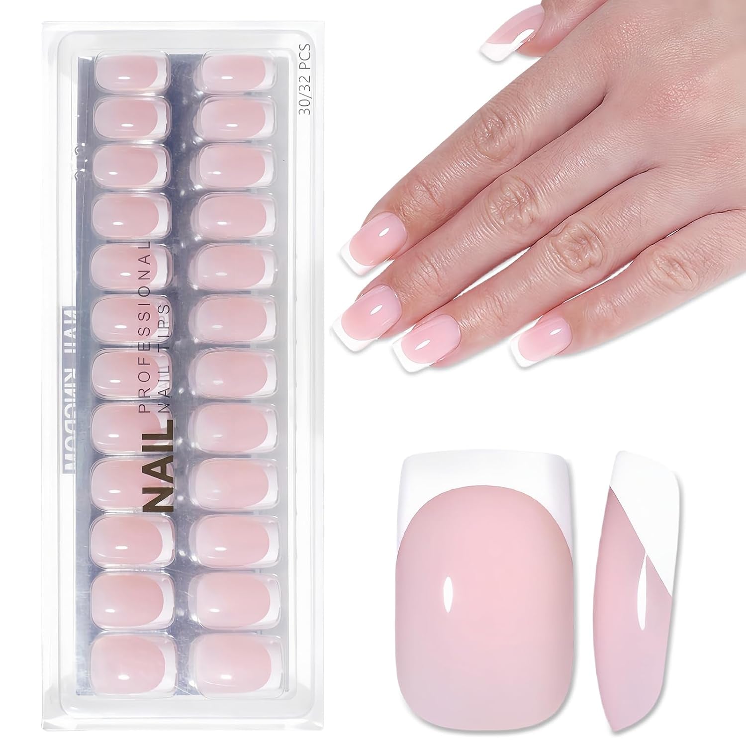 Unghie French Autoadesive Rosa Chiaro - 32 Pezzi Colla per Unghie French - Unghie Finte Corte Quadrate - Colla Traspirante su Unghie Artificiali - Unghie Finte a Copertura Completa per Donne (Rosa Chiaro)
