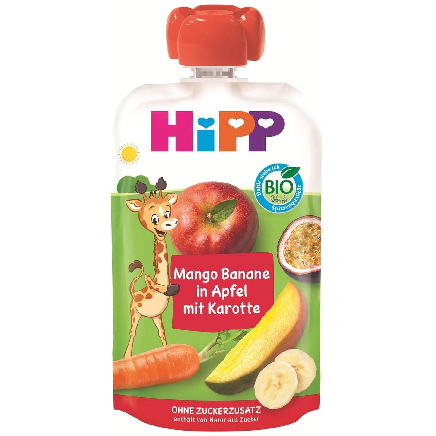 HiPP Bio Quetschie Mango-Banana in Mela con Carota (8 x 100g), invecchiato 1 anno, Frucht- und Gemüsepüree, ohne Zuckerzusatz, vegan, in best Bio-Qualität