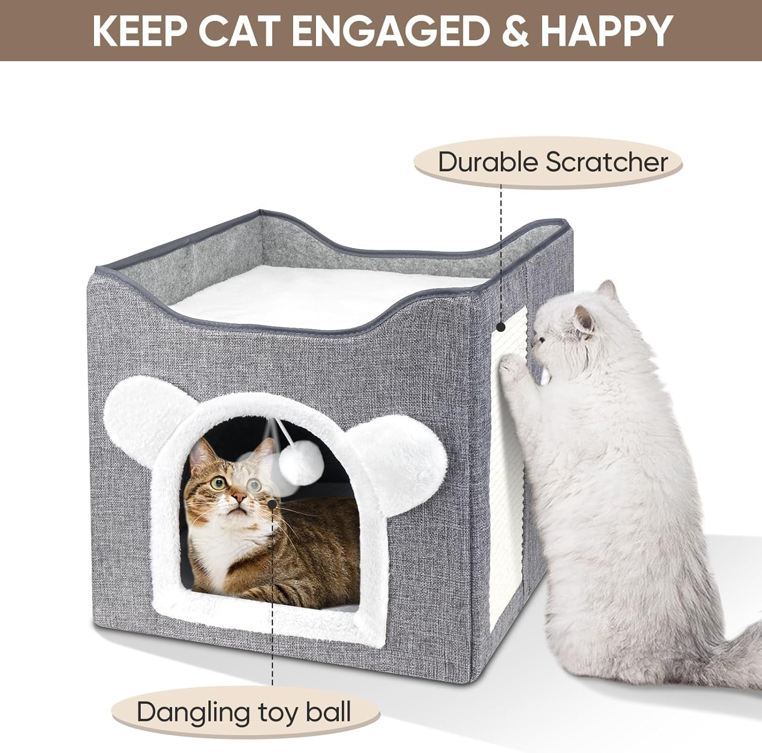 Katzenbetten für Indoor Katzen, Faltbares Katzenhaus, Katzenhöhle 2 Schicht Würfel Großer Raum Katzenbett mit Kratzbrett und Spielball, 15.8 x 15.8 x 15 pollici