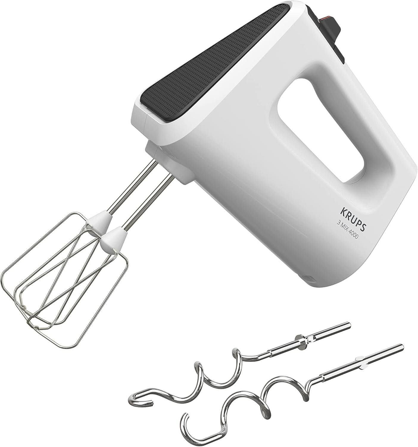 Krups GN4001 3 Mix 4000 Sbattitore manuale | 450 Watt | Design robusto | Regolatore di velocità variabile | Funzione Turbo e Auswurf | incl. 2 Rührbesen Und 2 Knethaken | Weiß/Grau Cucina Naty Shop