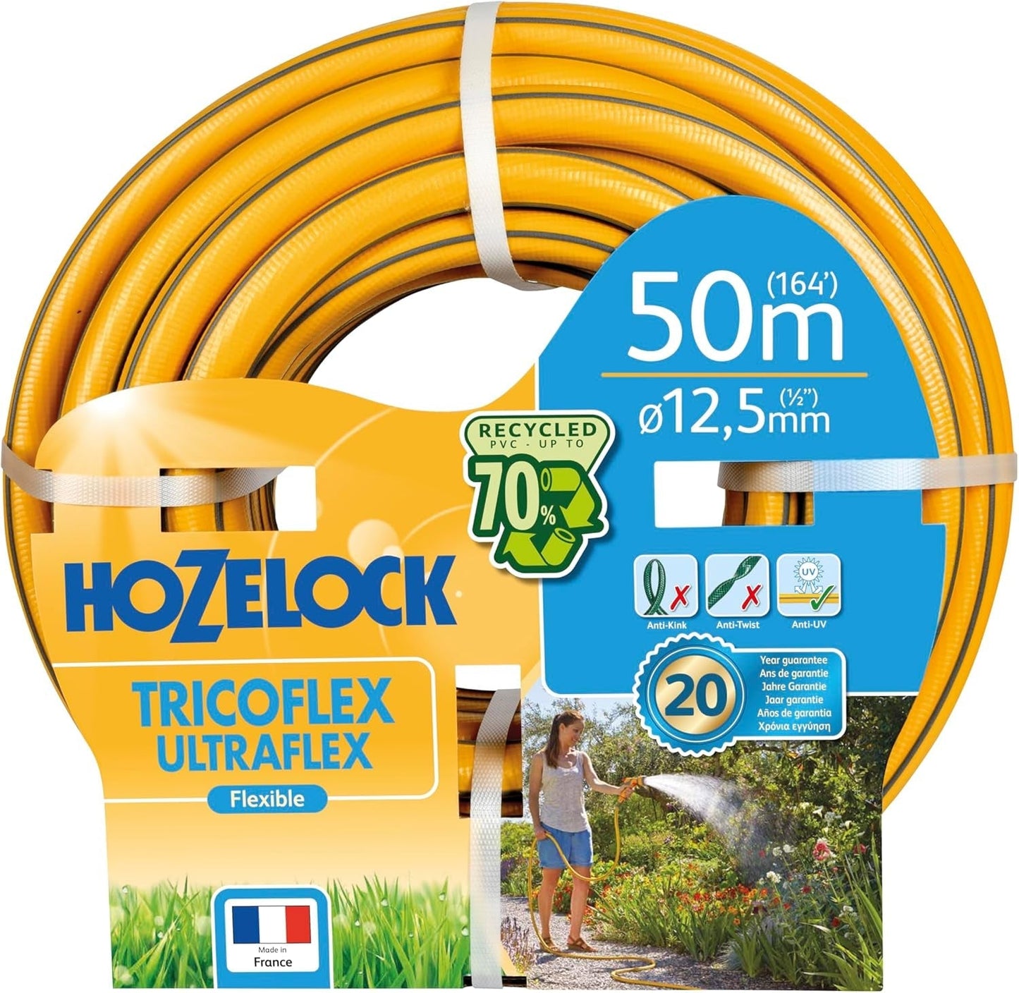 HOZELOCK - Tubo Tricoflex Ultraflex Ø 12,5 mm (1/2") 20 M: Tubo da giardino flessibile, resistente alle intemperie, alla torsione e alla piegatura, in PVC riciclato al 40% [117002], giallo