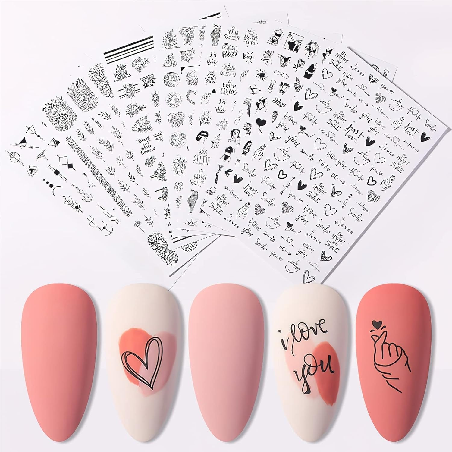 7 Blätter Nagelsticker Selbstklebend Nagelsticker Blumen Abstract 3D Schwarz Nagelaufkleber Nageldesign Herzform Wörter Pflanzen Nagel Sticker DIY Nail Art Zubehör Maniküre Dekoration