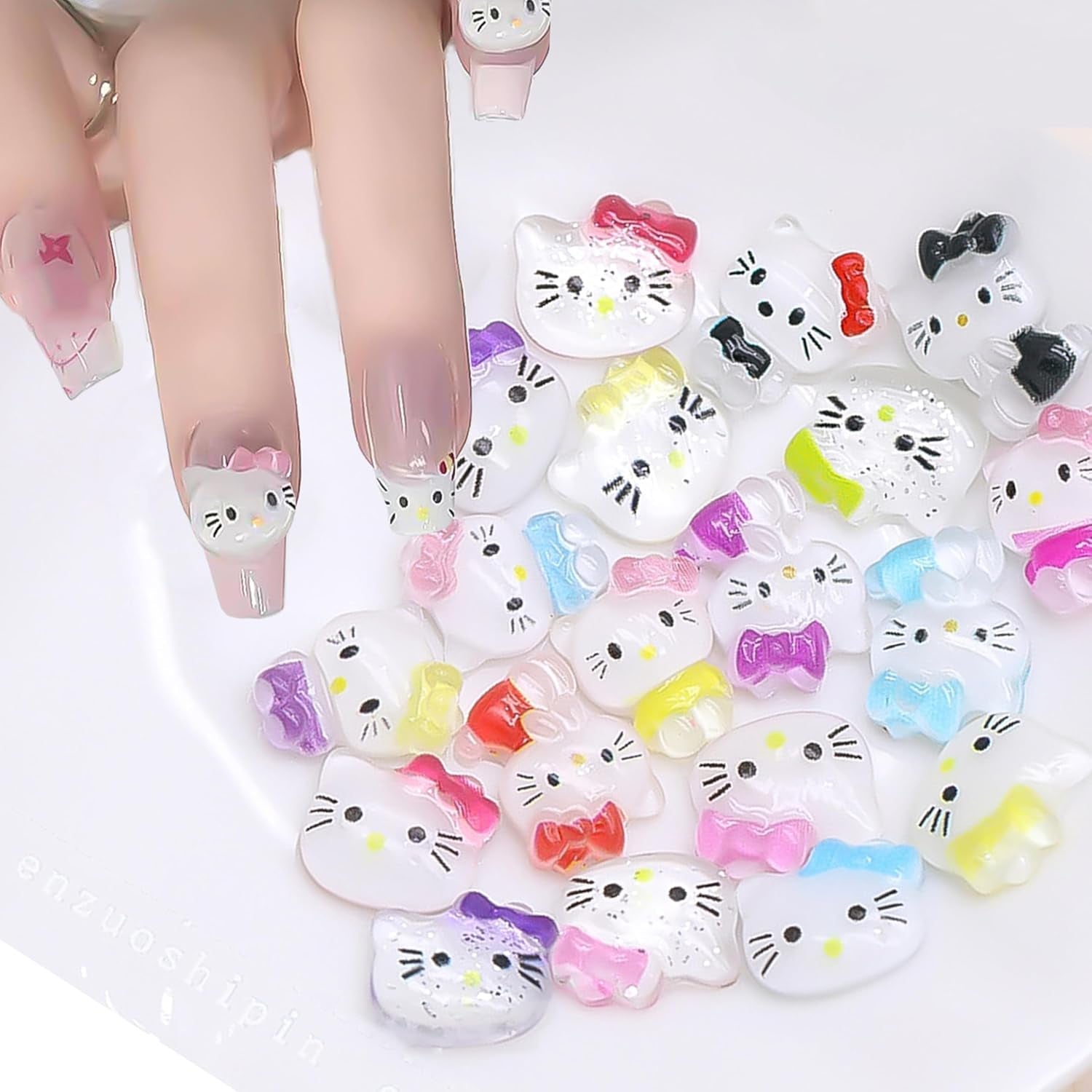 Adesivi per unghie gatto 3D, glitter per unghie, paillettes, adesivi per unghie in resina, gemme per unghie, diamanti per nail art, incluso bastoncino di cera per unghie con strass (Gatto colorato)