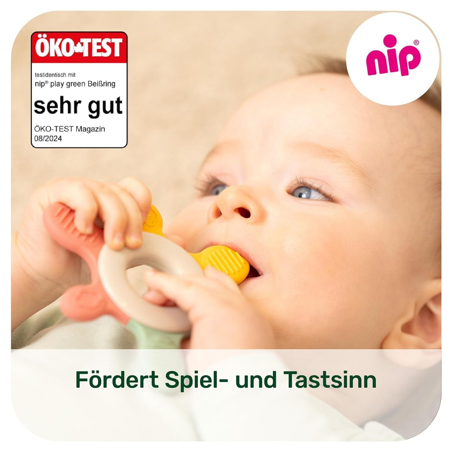 nip – Anello da dentizione | Anello da dentizione sostenibile per bambini a partire da 3 mesi, realizzato con oltre il 65% di materie prime naturali. Per un massaggio delicato delle gengive, della lingua e dei denti | Rosso/Verde/Arancione