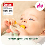 nip – Anello da dentizione | Anello da dentizione sostenibile per bambini a partire da 3 mesi, realizzato con oltre il 65% di materie prime naturali. Per un massaggio delicato delle gengive, della lingua e dei denti | Rosso/Verde/Arancione