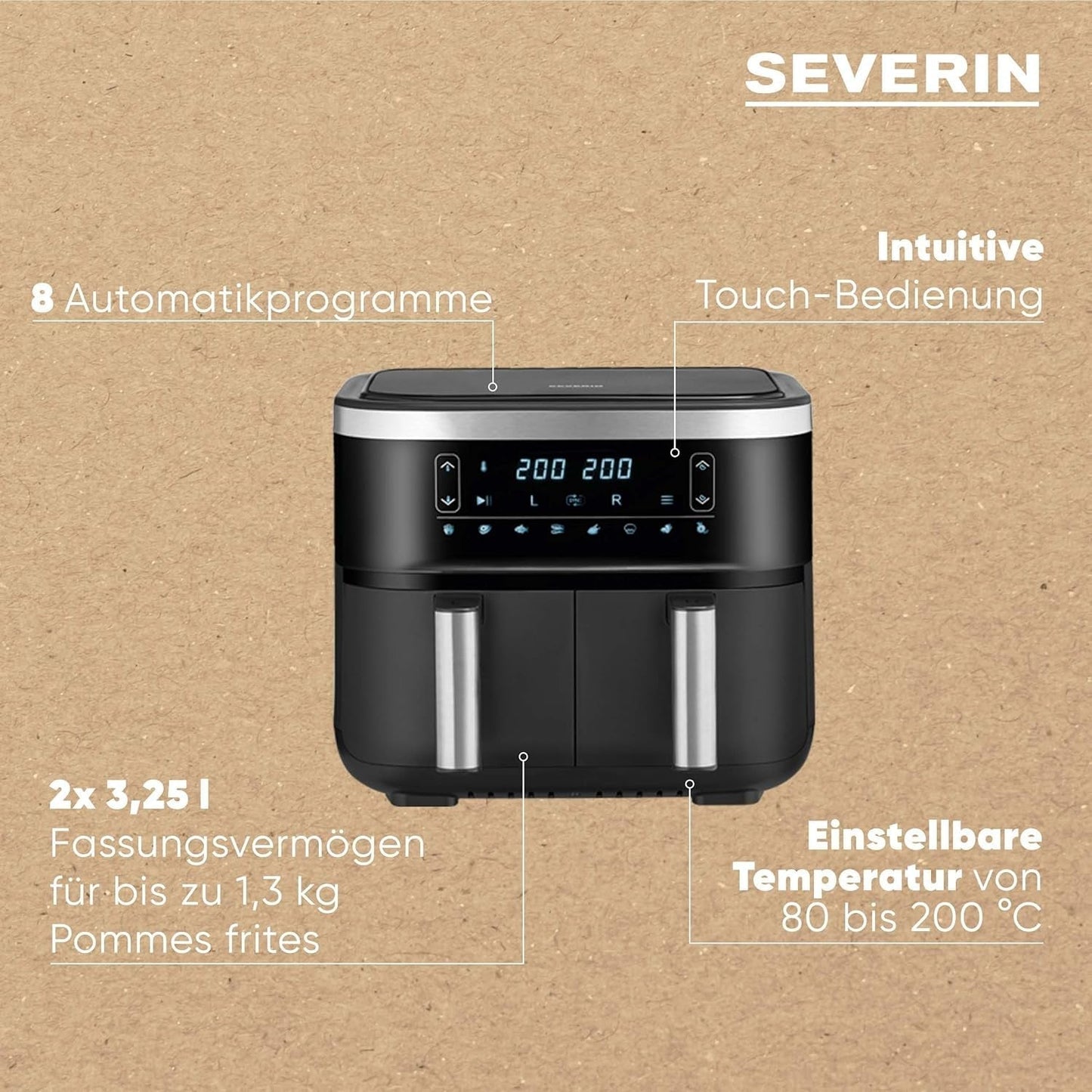 SEVERIN Friggitrice doppia ad aria calda con camera di cottura 2 X 3,8 L, 8 programmi automatici Elettrodomestici Naty Shop