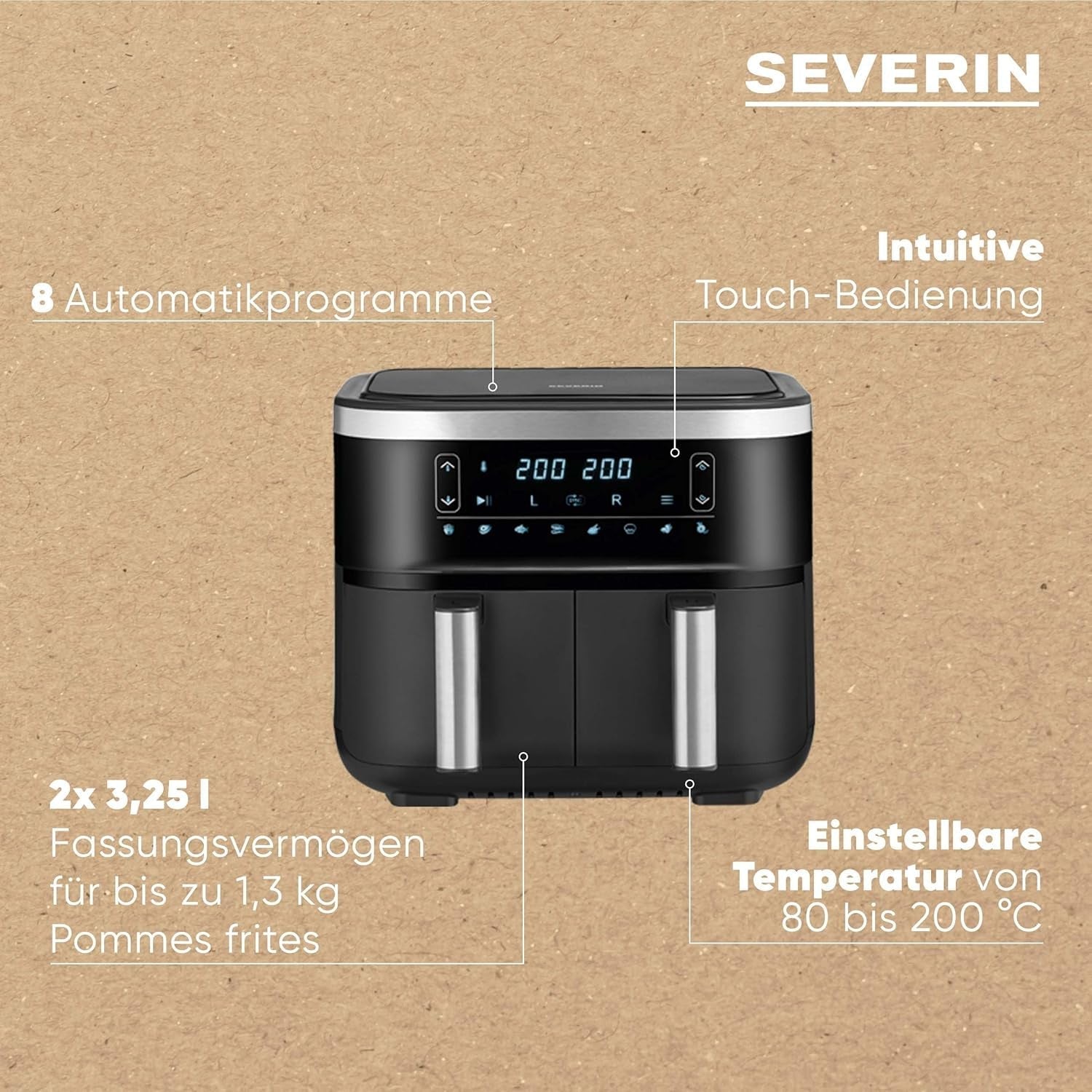 SEVERIN Friggitrice doppia ad aria calda con camera di cottura 2 X 3,8 L, 8 programmi automatici Elettrodomestici Naty Shop