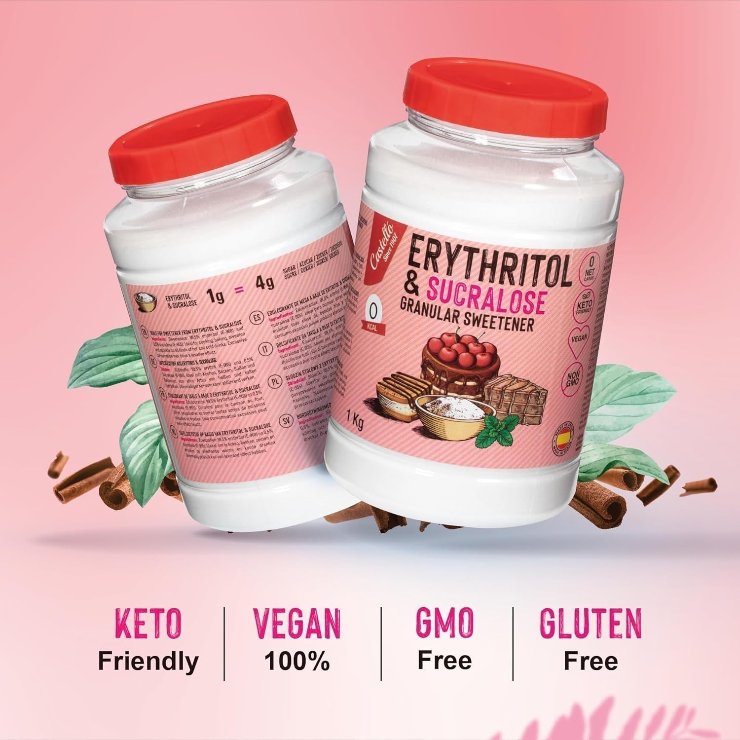 Eritritolo + Sucralosio 1:4 Sueßstoff | 1G = 4GZucker | 0 Netto-Kohlenidrato - 0 Kalorien - 0 Glykämischer Index - Keto - Kein GVO - Castello since 1907 - 1 Kg Dolcificanti Naty Shop