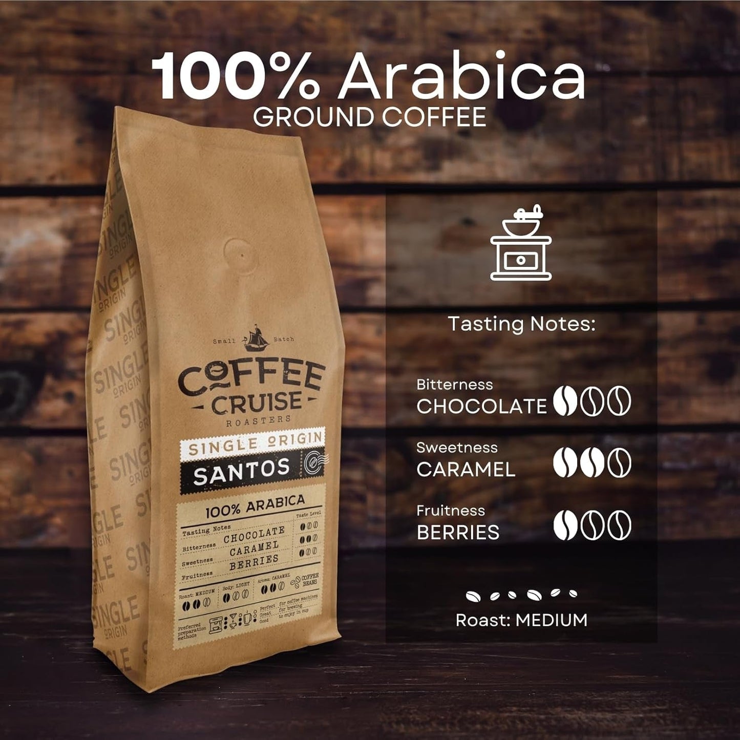 COFFEE CRUISE Santos Kaffeebohnen 1kg - Mittlere Röstung - Aroma Caramel - Für All Kaffeemaschinen - 100% Arabica