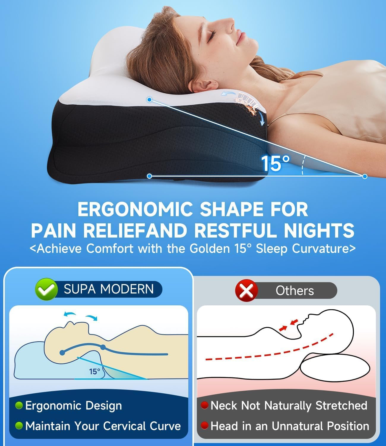SUPA MODERN Cuscino in Memory Foam Cuscino rinfrescante per chi dorme sul fianco 60X40 Cuscino ortopedico per la parte posteriore dello stomaco, per alleviare il dolore al collo, Cuscini cervicali ortopedici Naty Shop