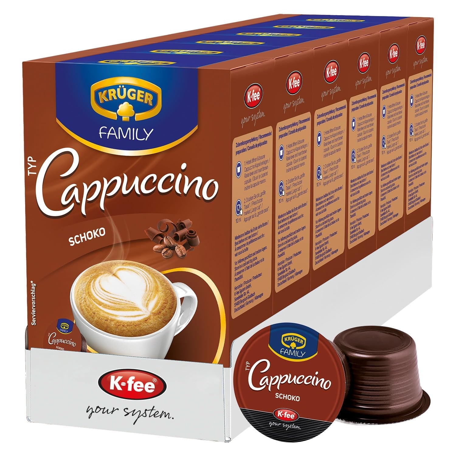 KRÜGER Cappuccino Schoko Capsule di caffè, compatibili con K-fee e ALDI EXPRESSI* Kapselmaschinen, caffè solubile aromatizzato, 96 capsule