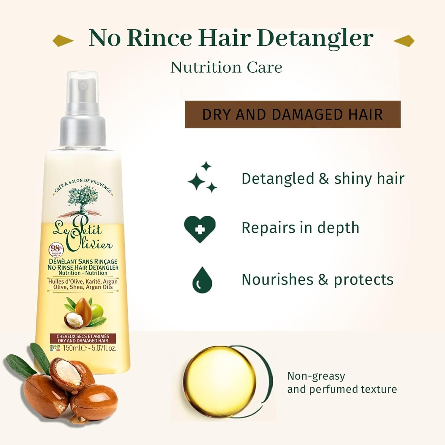 - Spray districante, curativo, senza risciacquo e oli di silicone, oliva, karitè e argan, districa, ripara e nutre - capelli secchi e danneggiati - 150 ml Prodotti districanti per capelli Naty Shop