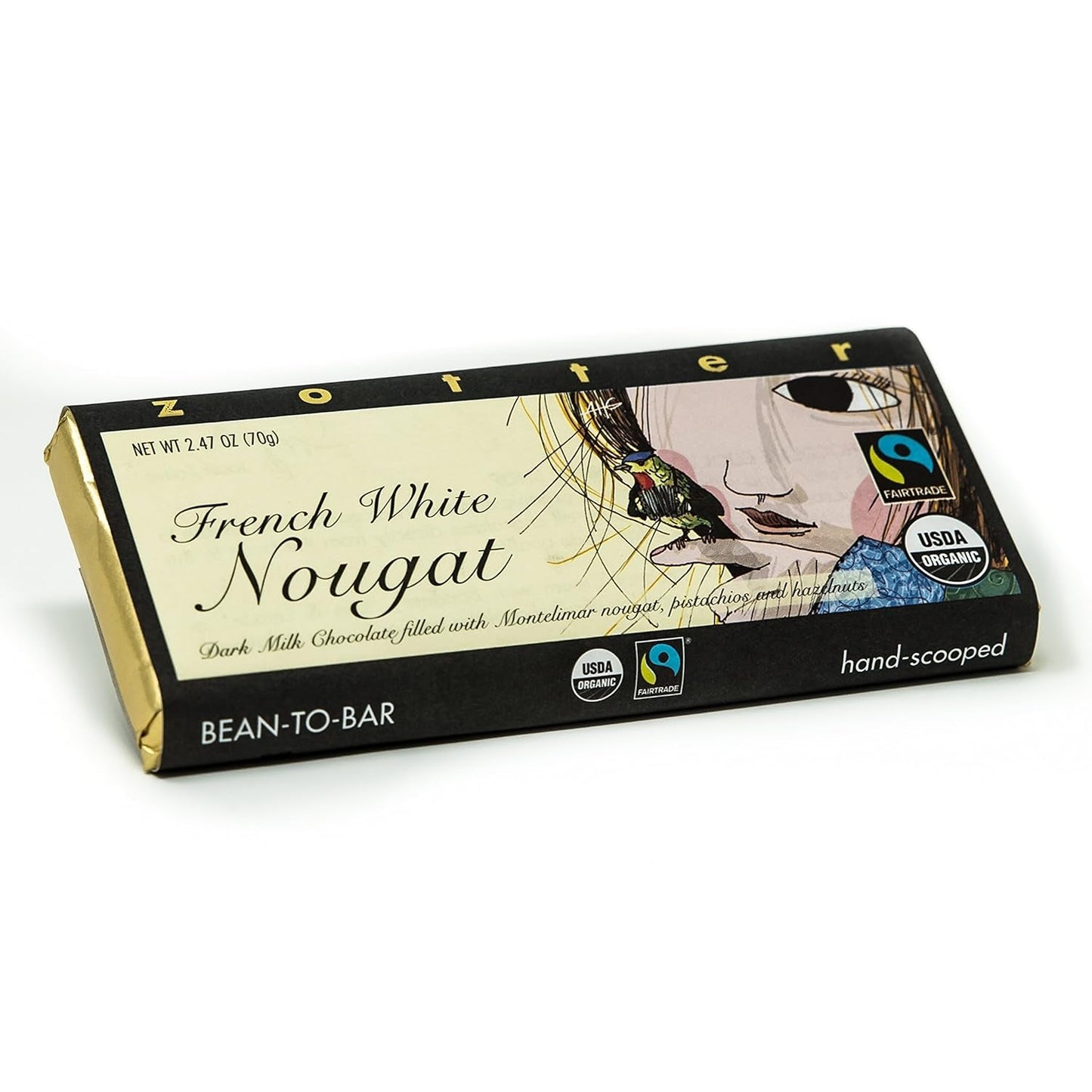 Cioccolato al latte e torrone francese, lavorato a mano (70 g) - Bio