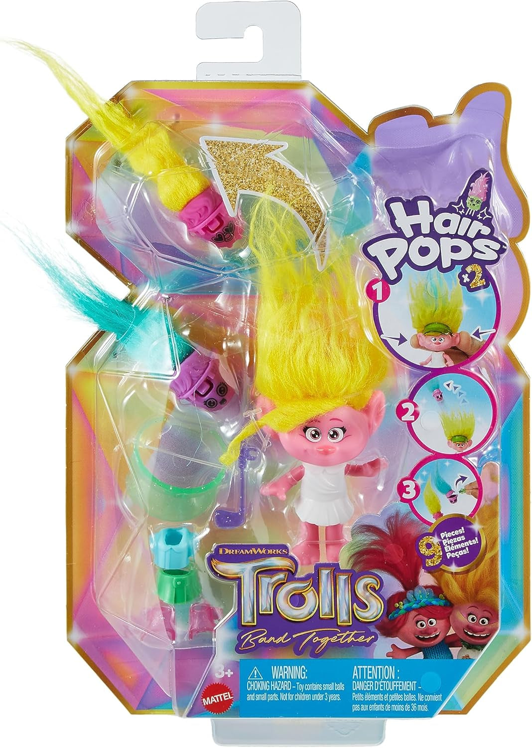 Mattel DREAMWORKS TROLLS United We Stand - Bambola Viva Hairy Surprises con capelli di peluche giallo brillante e 3 accessori a sorpresa, per bambini dai 3 anni in su, HNF11