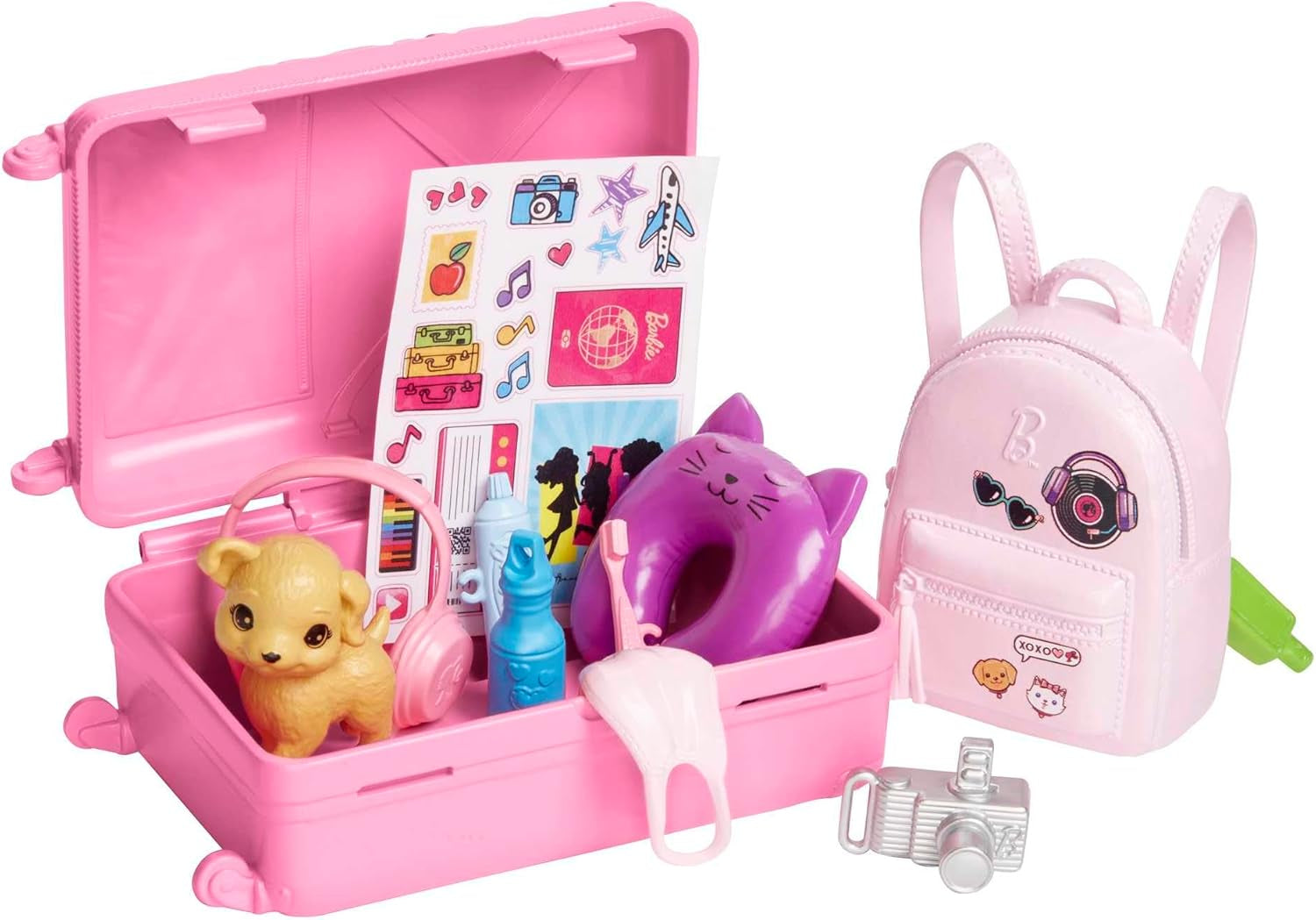 Bambola Barbie, Barbie da viaggio con capelli biondi, 10+ accessori da viaggio, adesivi, valigia, cucciolo, include 1 bambola, regalo per bambini, giocattolo età 3+, HJY18