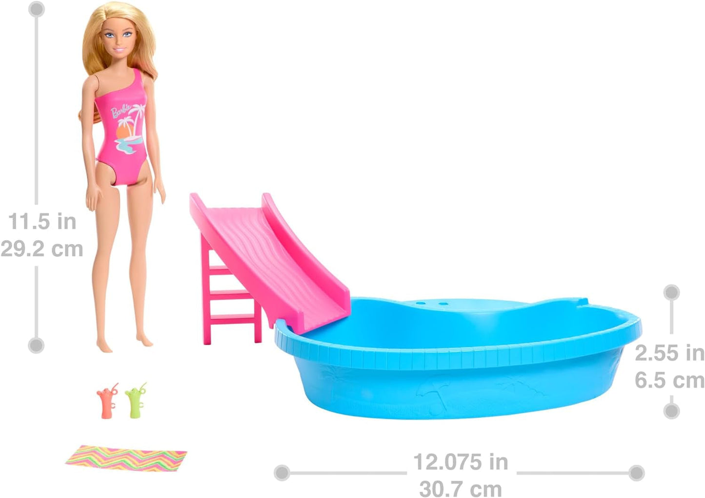 Bambola Barbie e accessori - piscina con scivolo e accessori per ore di divertimento al sole, costume da bagno rosa con design tropicale, per bambini dai 3 anni in su, HRJ74
