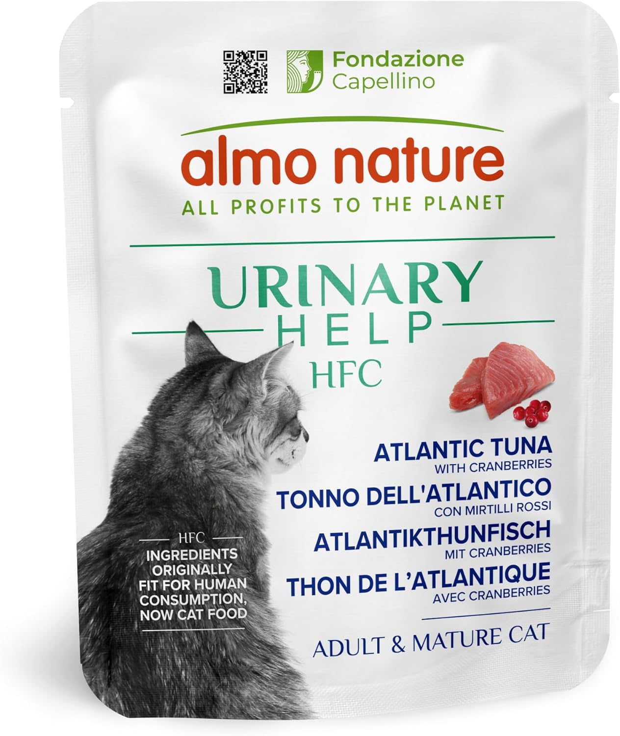 Almo Nature HFC Urinary Help - Nassfutter für Katzen - Unterstützung für die Harnwege - Atlantischer Tunfisch & Cranberries - Human Grade, Monoprotein, Glutenfrei - 24x50g