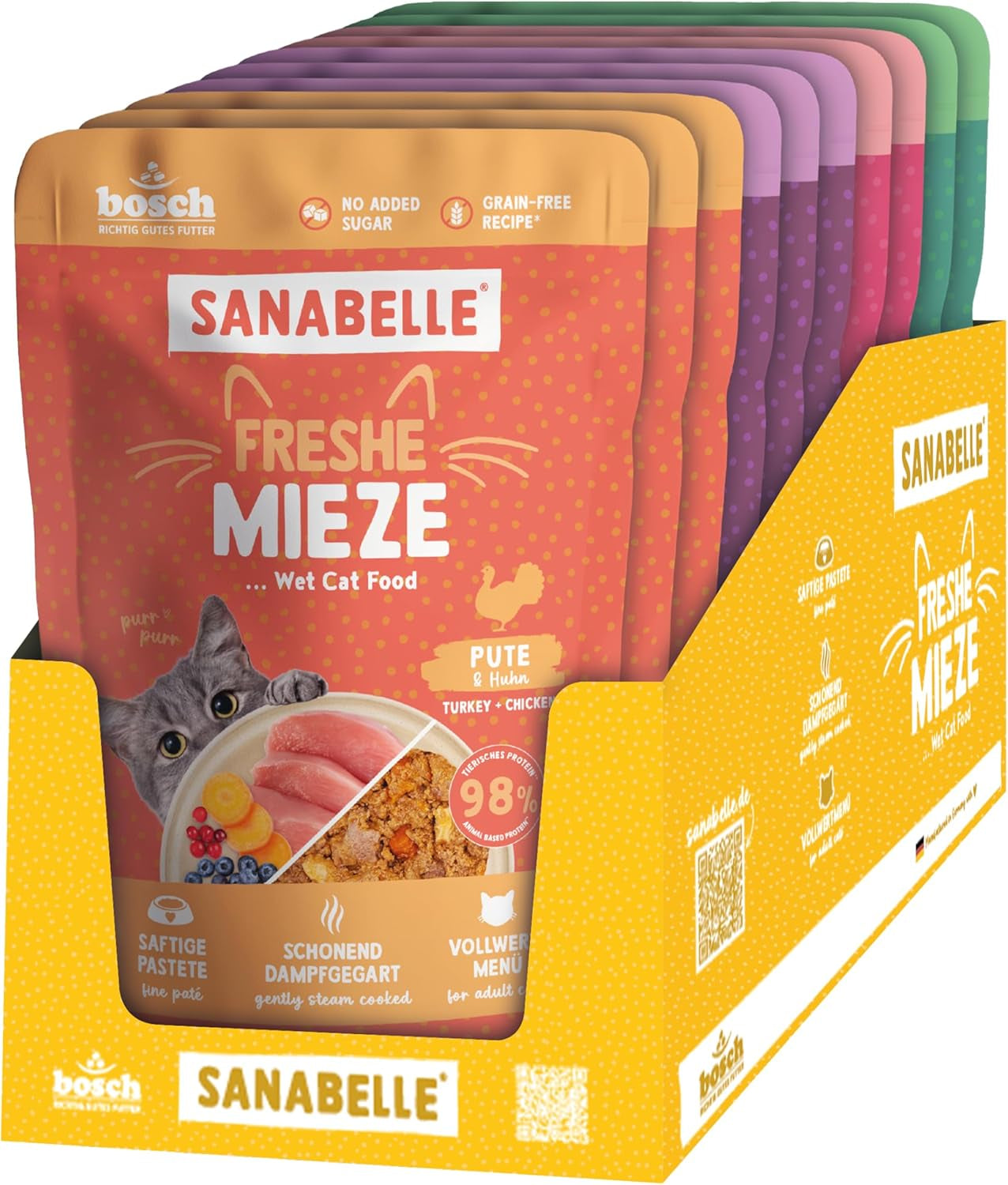 Sanabelle Freshe Mieze - Vassoio Mix | Confezione mista da 10 x 100 g | 4 deliziose varietà di cibo per gatti da provare | Cibo umido per gatti cotto a vapore, proprio come appena cucinato