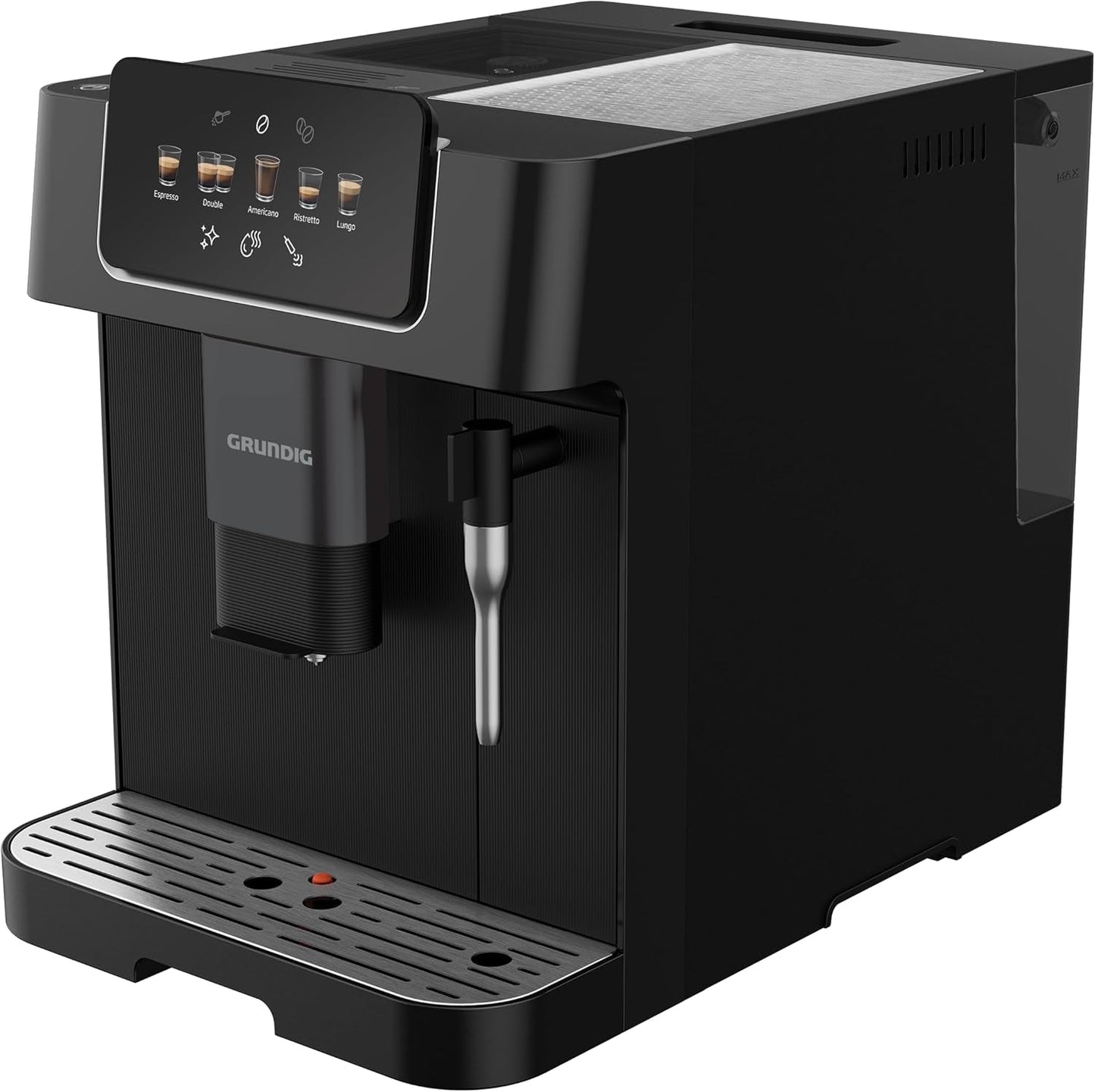 Macchina per caffè espresso completamente automatica GRUNDIG KVA 6230 con montalatte, macinacaffè in acciaio inossidabile con 13 impostazioni di macinatura, contenitore per chicchi da 250 g, serbatoio dell'acqua rimovibile da 2 litri, pressione della pompa 19 bar, display touch, nero