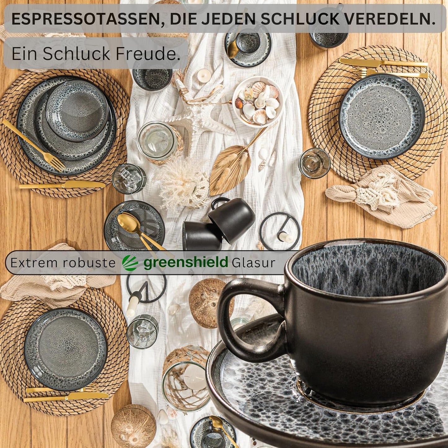 SANGER Sydney | Set di tazzine da caffè in ceramica da 12, set di tazze da moka per 6, tazze e piattini, lavabili in lavastoviglie e adatti al microonde, grigio scuro, 80 ml | LA COLLEZIONE DI VALORE