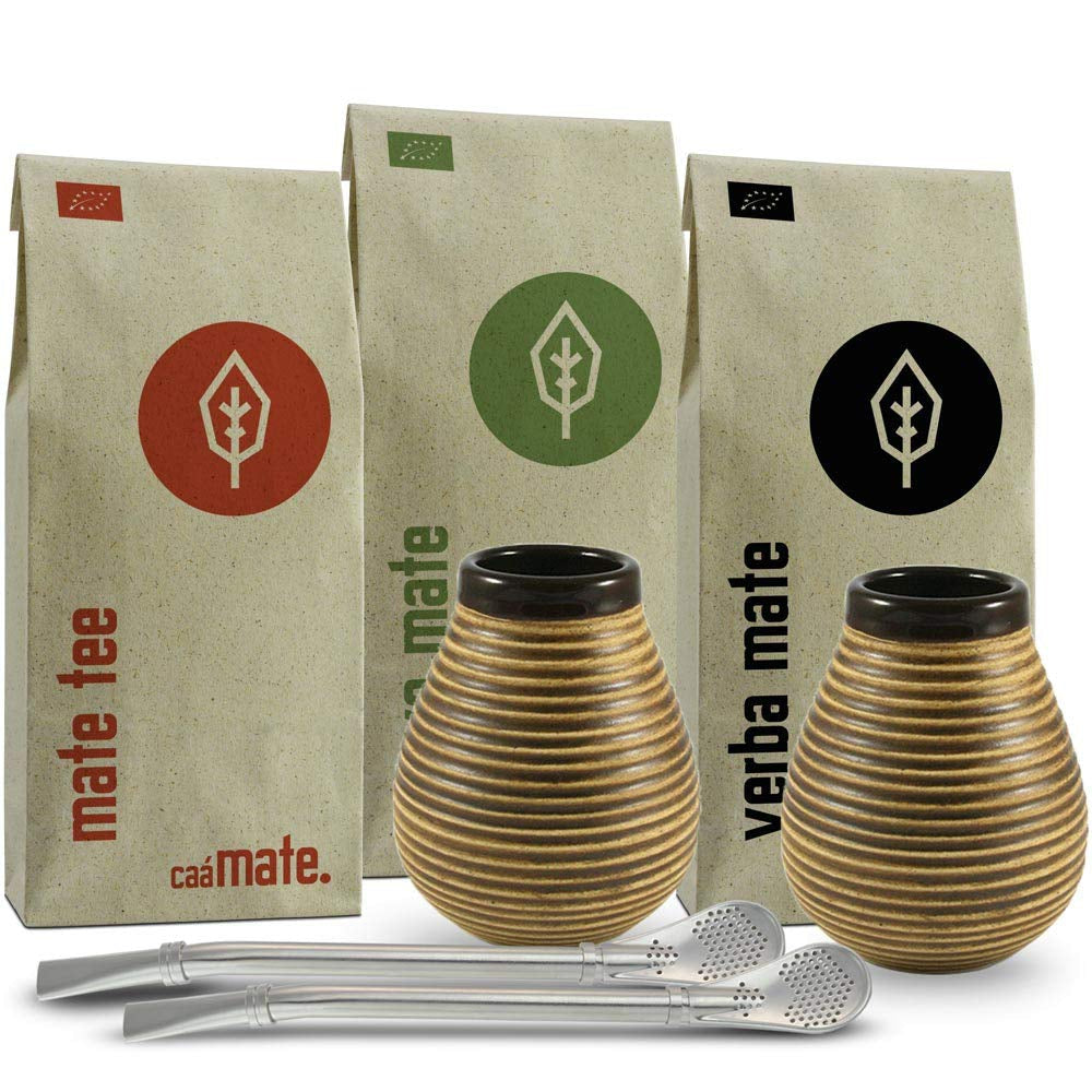 Set da tè Mate per due, biologico ● 2 tazze Mate + 2 bombillas + 300 g di tè Mate + istruzioni per la preparazione