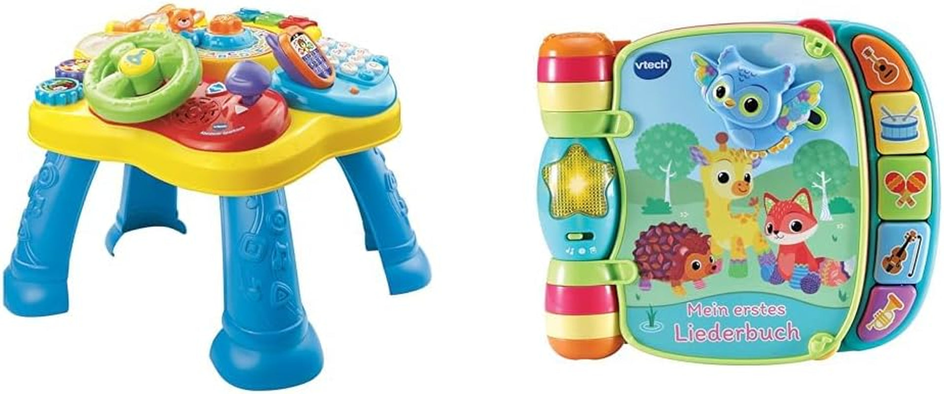 VTech Tavolo da gioco per bambini Avventura - Tavolo da gioco colorato per bambini con 6 campi da gioco ed elementi interattivi e Baby My First Song Book Libro colorato a 6 pagine e tavolo da gioco mobile Giocattoli Bebe Naty Shop Pacchetto di libri di canzoni Imballaggio Easymail