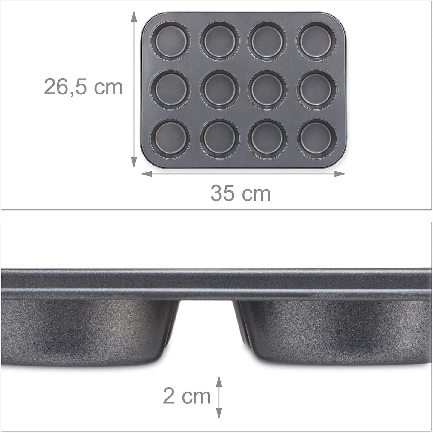 Relaxdays Muffinform, Set 2Er, 12Er Muffinbleche, Antihaftbeschichte, Carbonstahl, Muffins & Cupcakes, Ø 6,5 Cm, Grano, 10030825 Stampi e vassoi per cuocere al forno Naty Shop