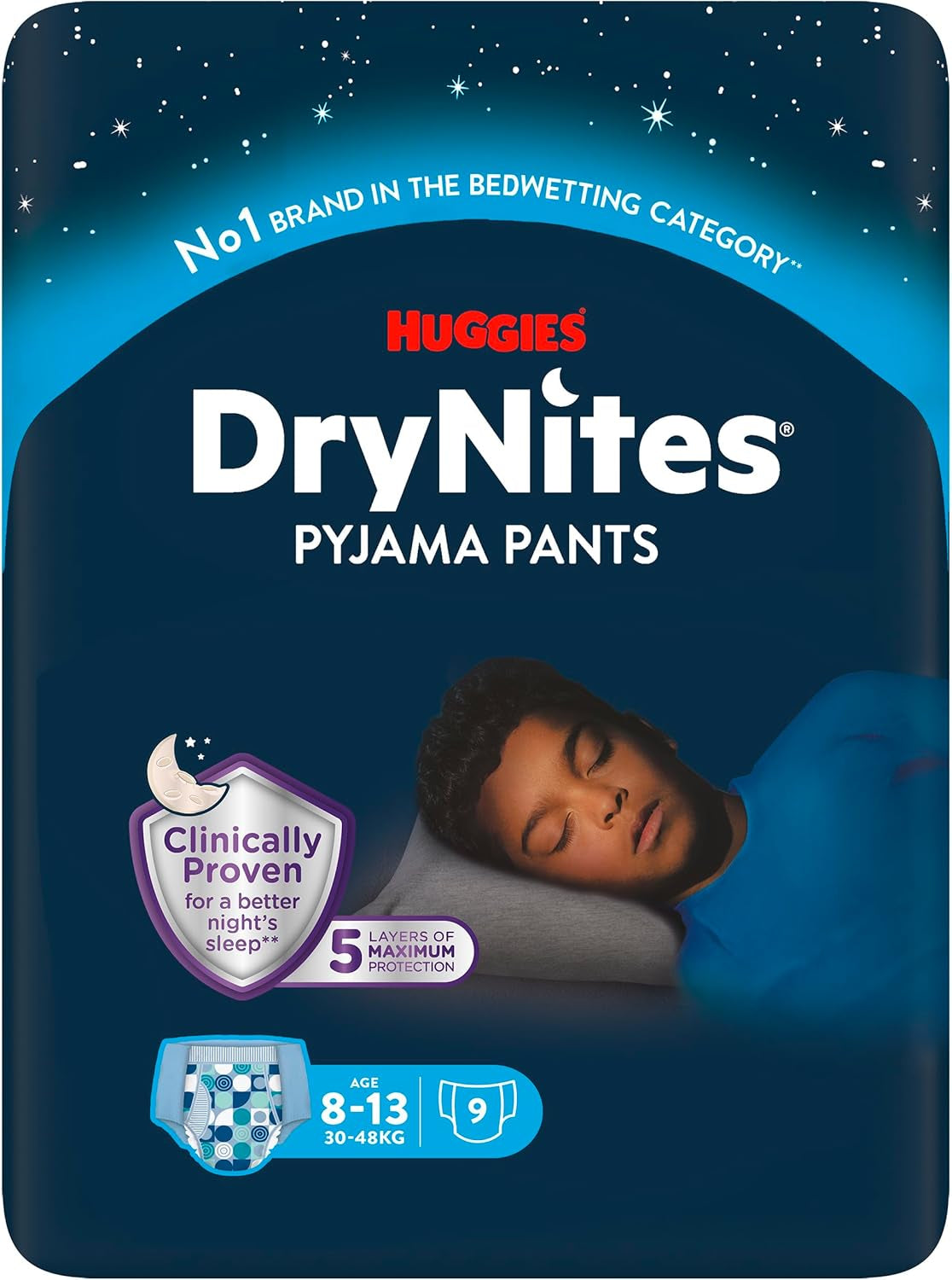 Huggies DryNites Pannolini bagnanti notturni super assorbenti per ragazzi 8-13 anni (30-48 kg) 27 pannolini (3 x 9 pezzi)