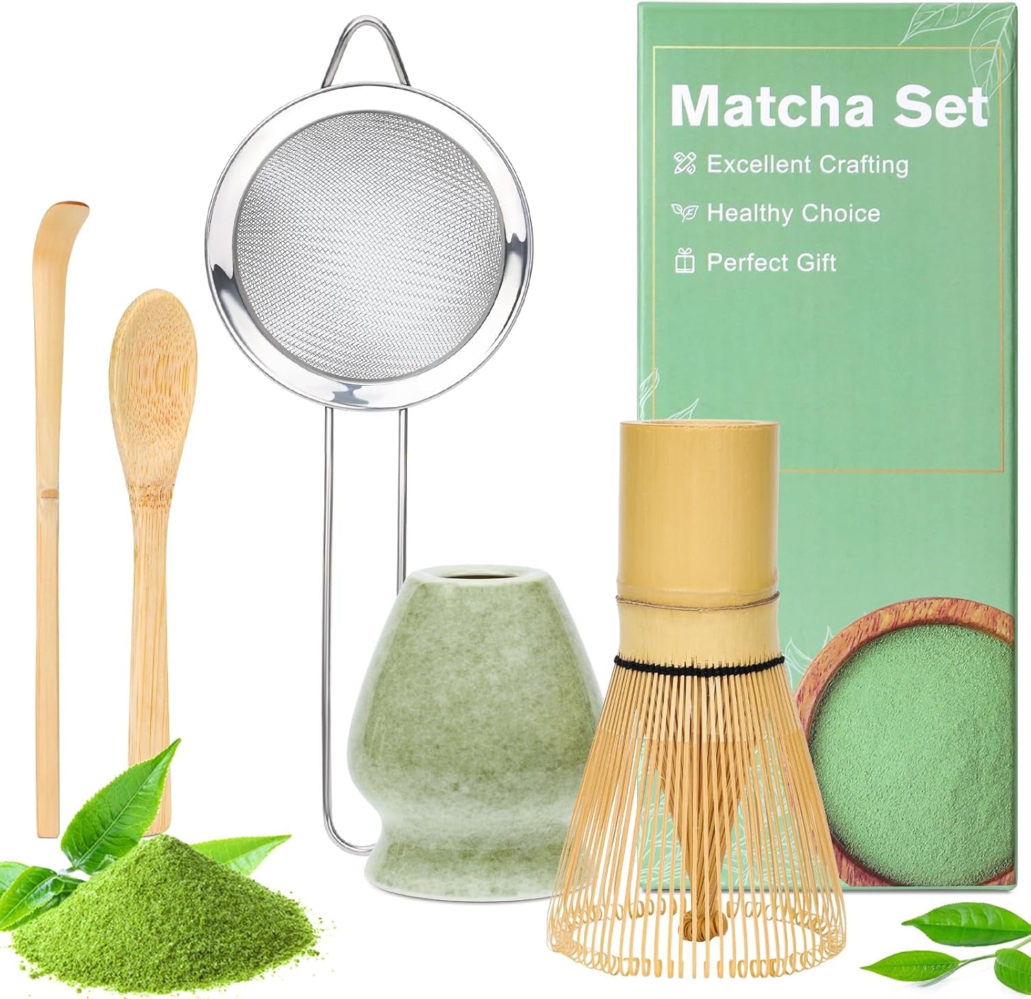 Alyvisun Set Matcha, Set da tè Matcha da 5 pezzi con teiera Matcha e supporto per tè Matcha, cucchiaino, cucchiaino da tè, set da tè Matcha per gli amanti del matcha, ideale per principianti ed appassionati