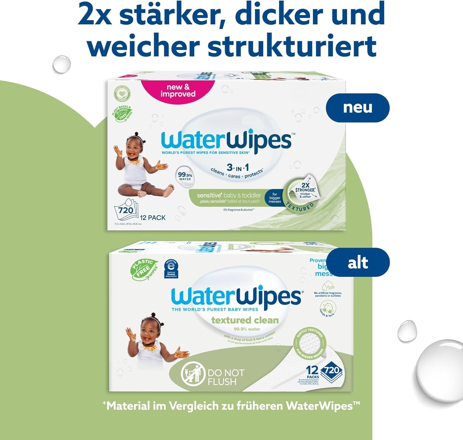 Salviettine umidificate WaterWipes Sensitive+ per neonati e bambini piccoli, 720 pezzi (confezione da 12), pulizia 3 in 1, cura, protezione, 99,9% acqua, detergente strutturato, senza profumo