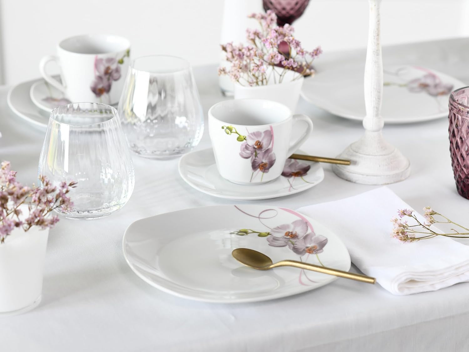 CreaTable, 24024, serie Square Orchid, set di stoviglie da 18 pezzi per 6, servizio da caffè in porcellana, lavabile in lavastoviglie e adatto al microonde, produzione di qualità