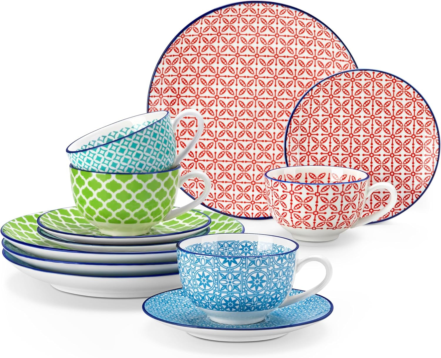 Vancasso Macaron Servizio da Caffè in Porcellana, Servizio da Caffè Colorato da 12 Pezzi per 4-12 Persone, Set Tazze, Include Tazzine da Caffè, Piattini e Piattini da Dessert