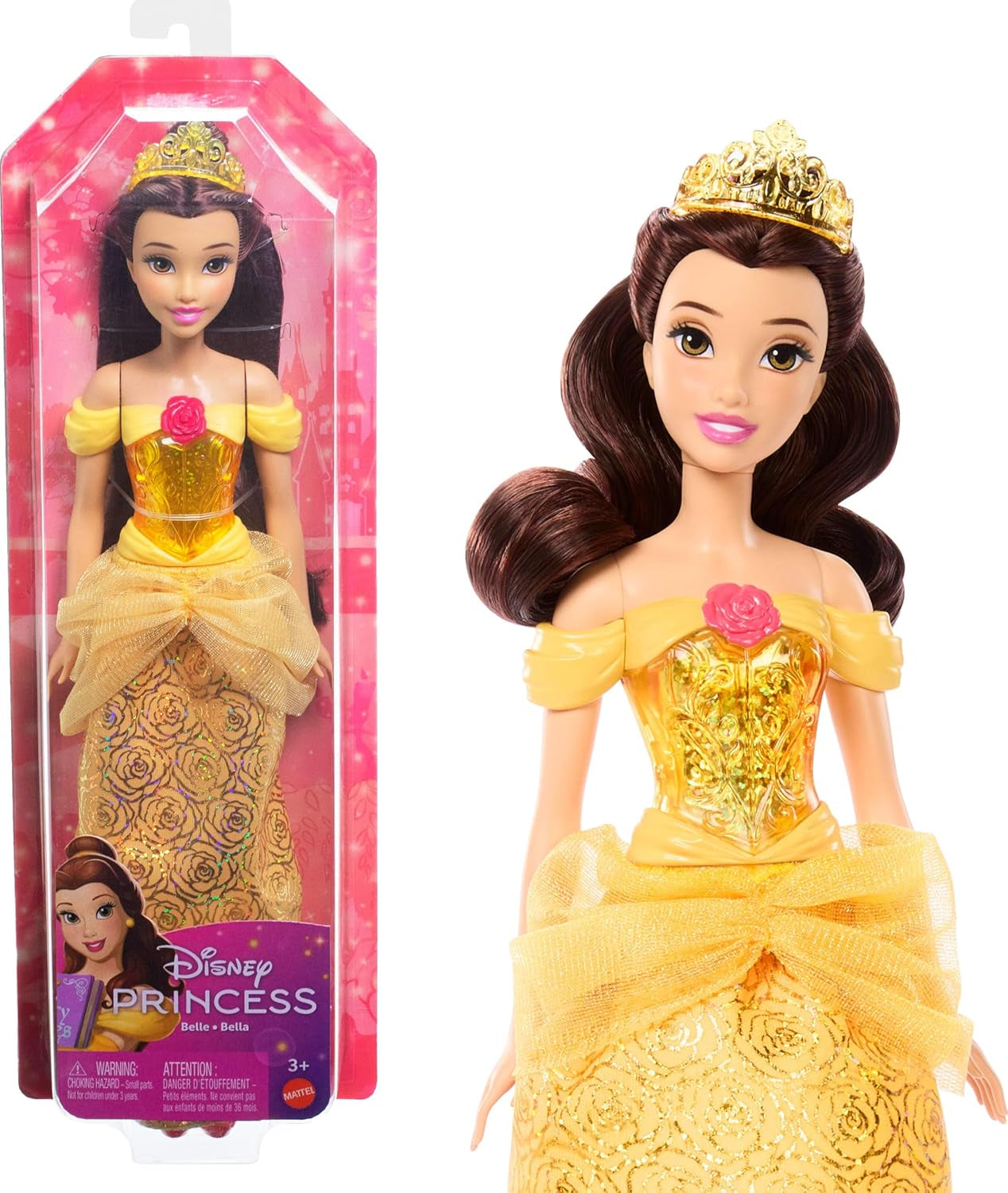 Mattel Disney Princess Giocattolo articolato Belle Fashion Doll con vestiti scintillanti e accessori Regalo ispirato al film Disney per bambini HLW11