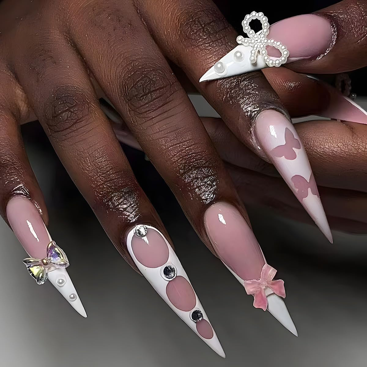 Moonglow Unghie Lunghe Stiletto Bianco Latte Rosa Sfumato Glitter Unghie Finte Fresche Con Colla Unghie Artificiali Glitter Rosa Ombre