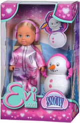 Simba 105733646 - Evi Love Snow, bambola con un simpatico completo da neve e un pupazzo di neve costruibile, 12 cm, dai 3 anni in su
