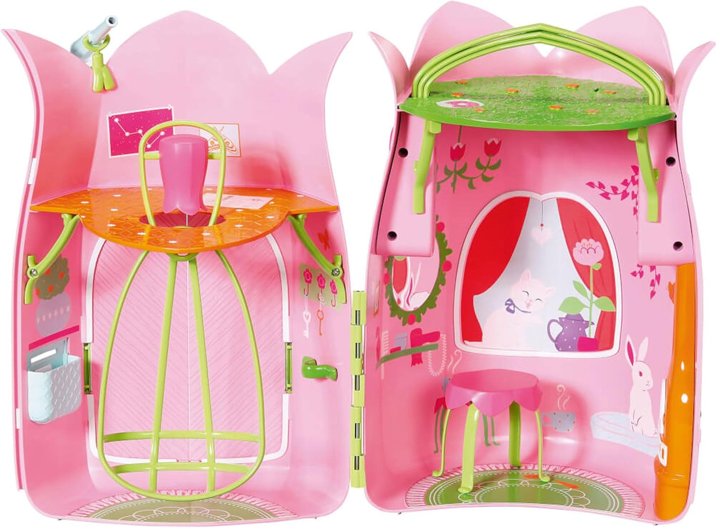 BABY Born Storybook Cottage, Casa delle Bambole Pieghevole per Bambole da 18 cm con Tavolo, Camino, Chaise Lounge e Telescopio, Rosa Verde, 833803 Zapf Creation Dollhouses Naty Shop