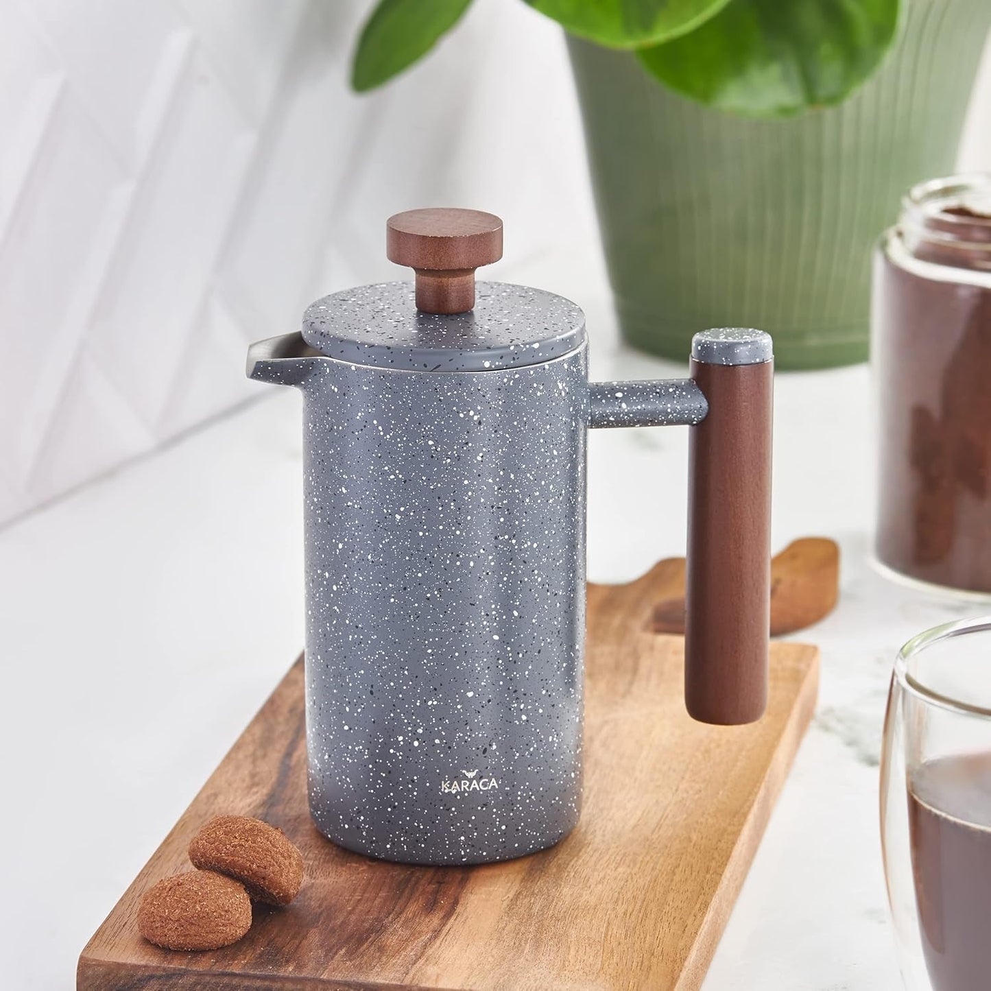 Pressa francese a doppia parete in marmo KARACA con manico in castagno - Pressa francese isolata per caffè - Caffettiera da campeggio da viaggio per la casa - 350 ml - Grigio scuro