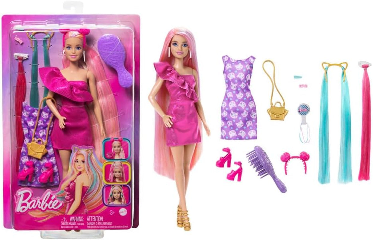 Barbie Totally Hair - Bambola con capelli arcobaleno extra lunghi facili da acconciare e 10 accessori alla moda e per lo styling, vestito a pois color block, dai 3 anni in su, HKT96