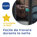 Ciuccio MAM Air Night 6-16 mesi (confezione da 2) Ciuccio MAM 6-16 mesi, si illumina al buio per pelli sensibili, accessorio per neonati confezione da 2 con tettarella in silicone e portaciuccio, neutro/verde