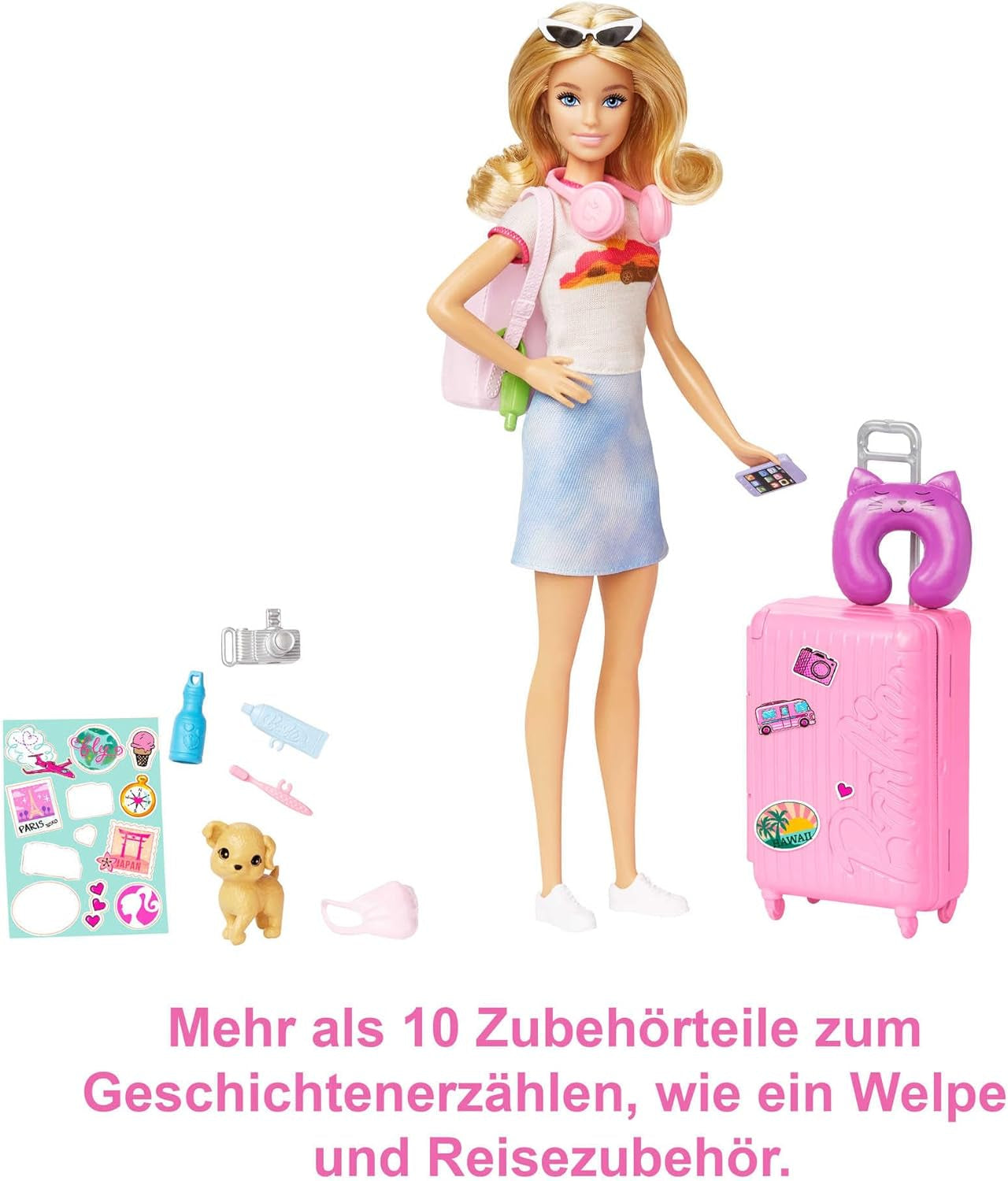 Bambola Barbie, Barbie da viaggio con capelli biondi, 10+ accessori da viaggio, adesivi, valigia, cucciolo, include 1 bambola, regalo per bambini, giocattolo età 3+, HJY18
