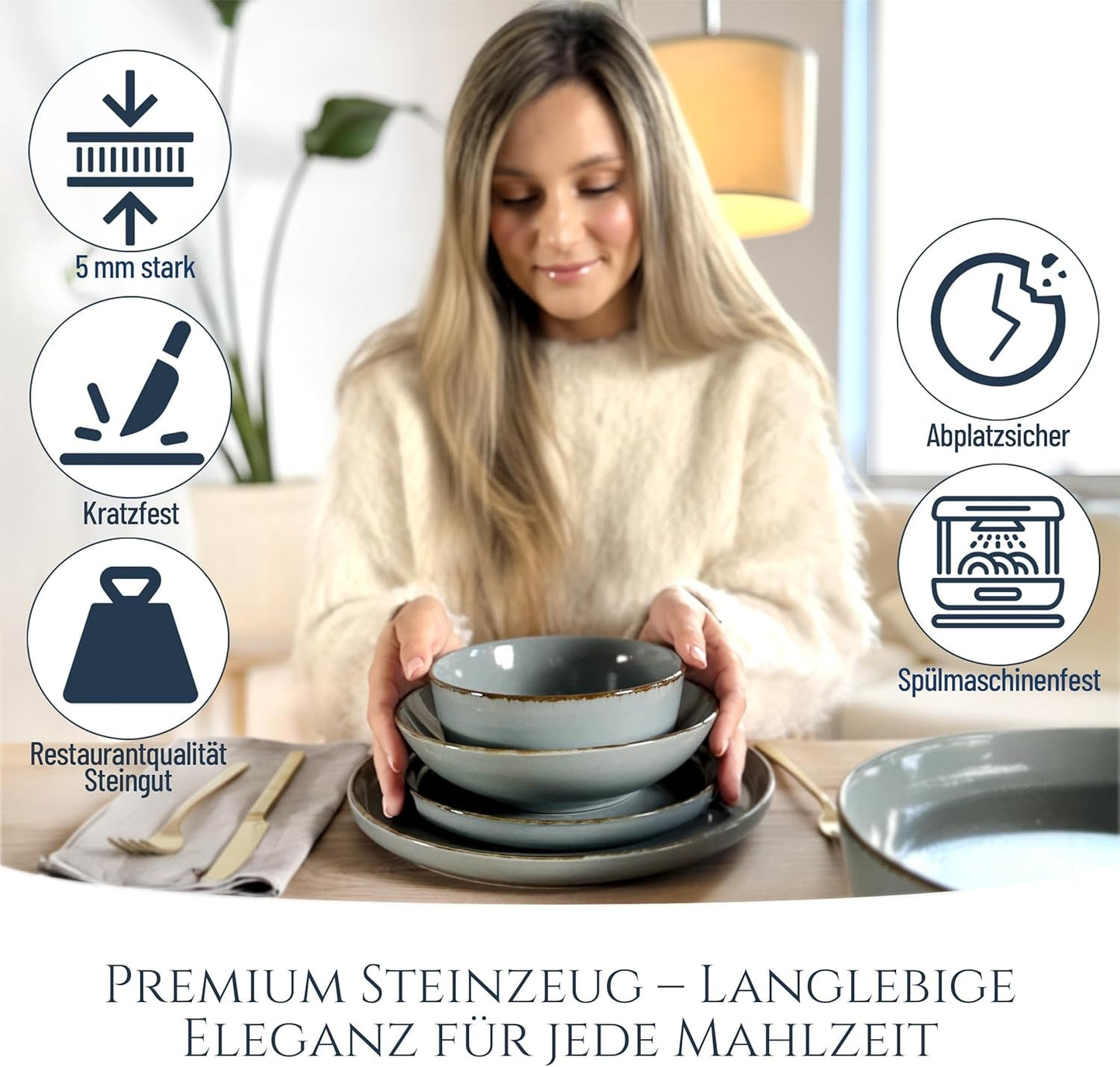 Steingut Geschirrset 6 Personen Rustico 24 tlg. TESTSIEGER, Hochwertiges Landhaussttil Steingut Geschirr Set, Schüssel- und Teller Set, Tafelservice 6 Personen, Geschirrsets Pure Living in Rauchblau