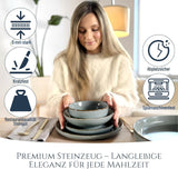 Steingut Geschirrset 6 Personen Rustico 24 tlg. TESTSIEGER, Hochwertiges Landhaussttil Steingut Geschirr Set, Schüssel- und Teller Set, Tafelservice 6 Personen, Geschirrsets Pure Living in Rauchblau