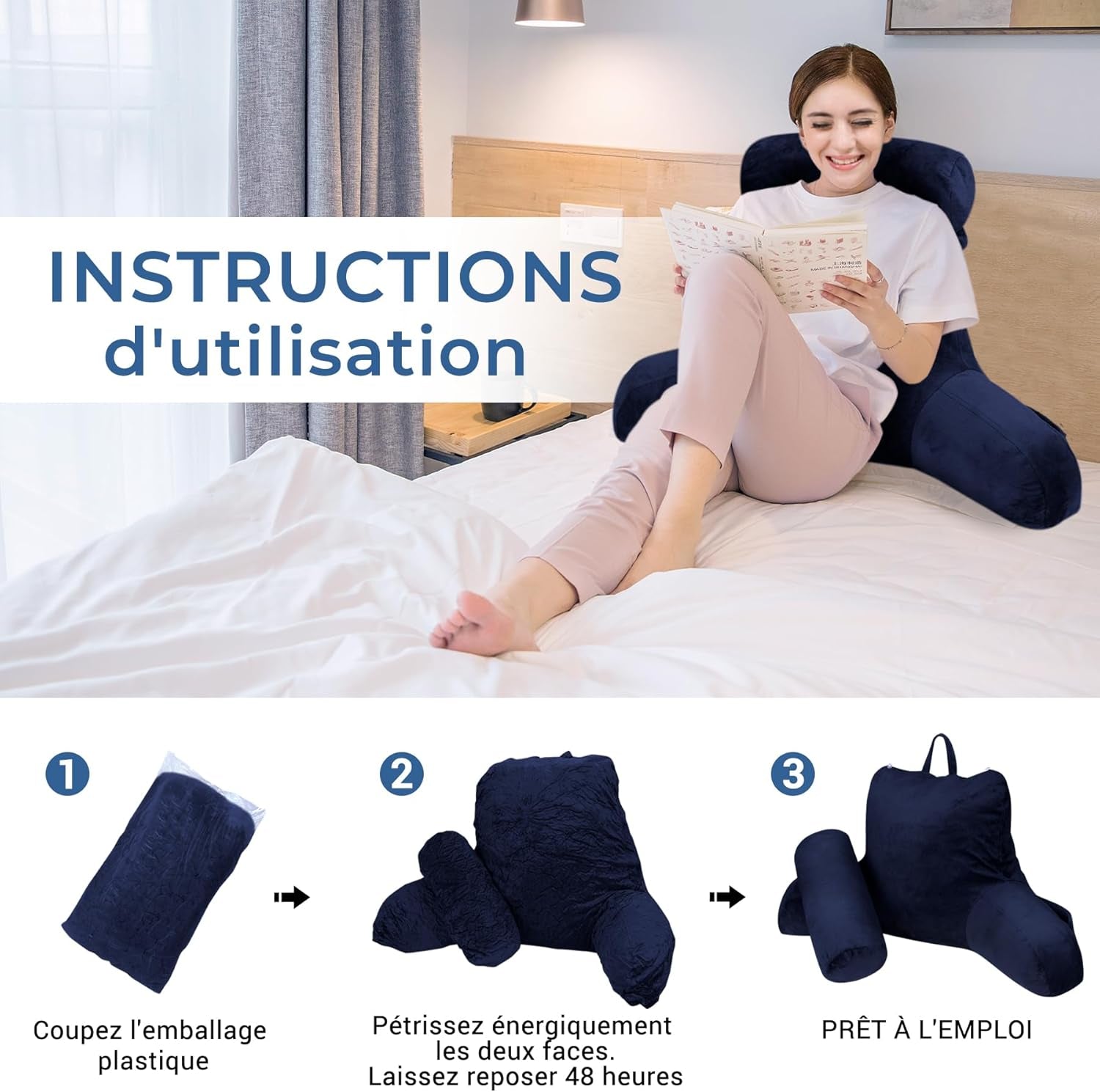 INFANZIA cuscino da lettura ergonomico con braccioli, supporto per la schiena, blu navy