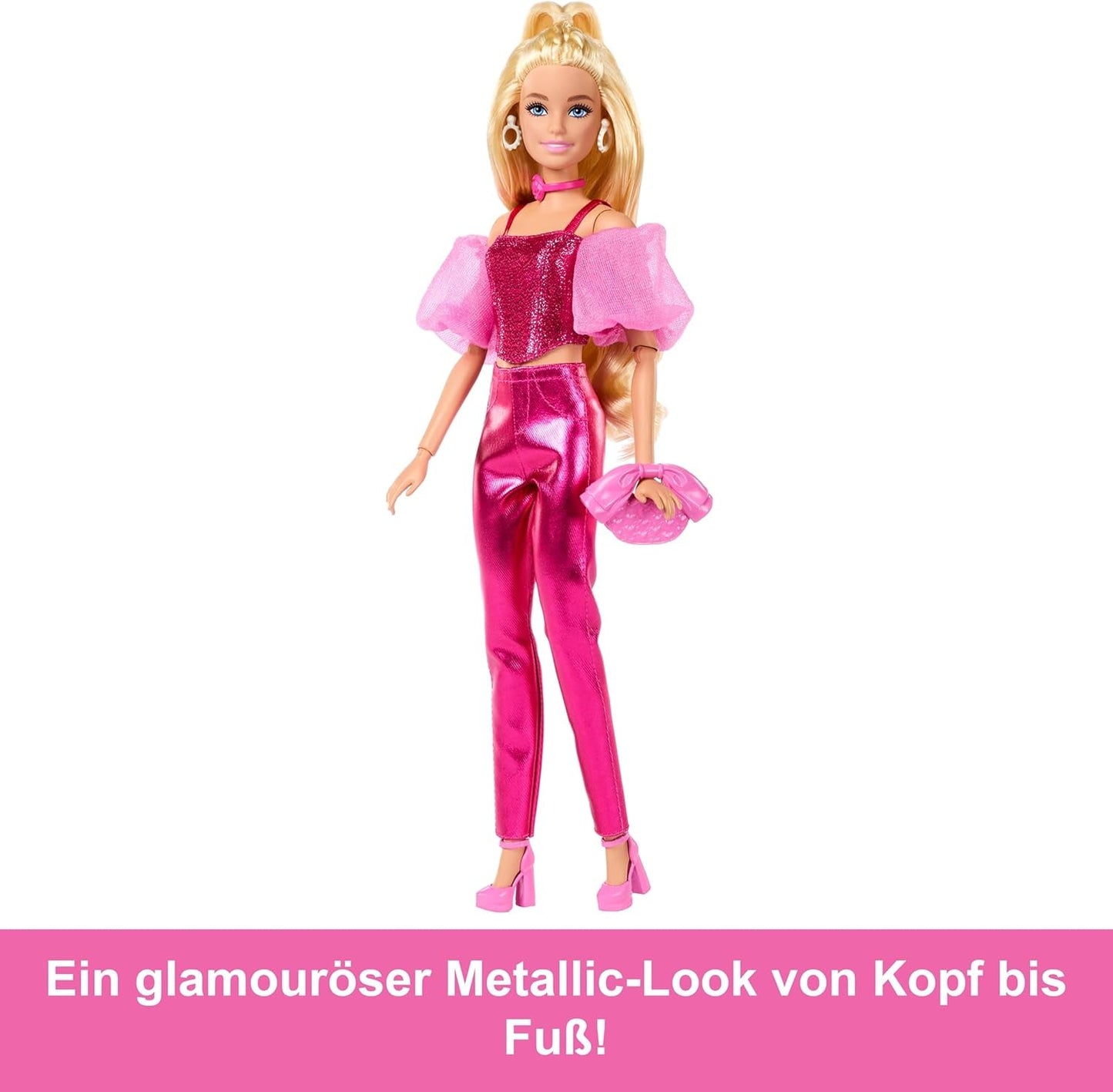 Bambola Barbie Deluxe Style #5 con abito biondo rosa metallizzato, corpetto scintillante e pantaloni scintillanti, con accessori tra cui una collana rosa e una borsetta, JFP40