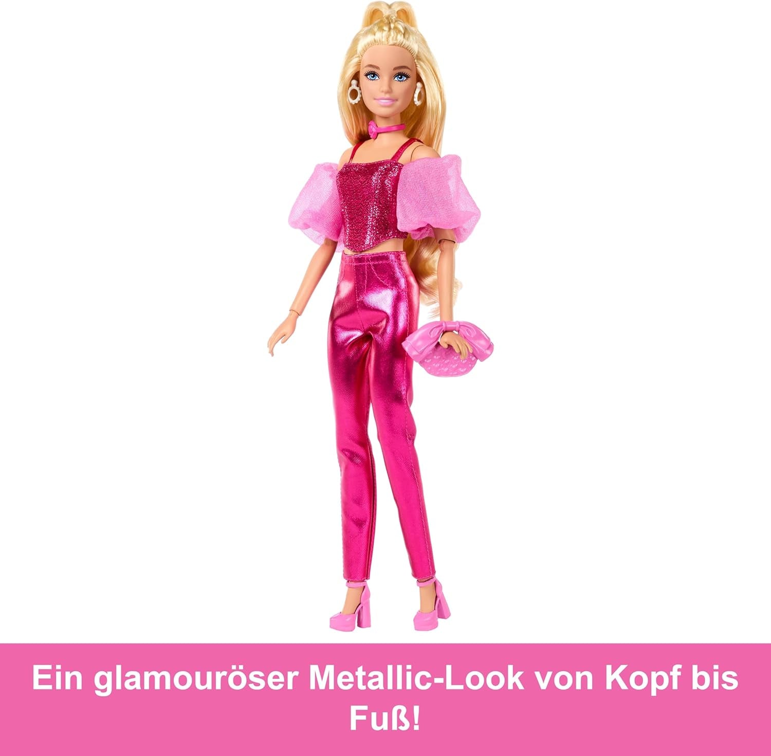 Bambola Barbie Deluxe Style #5 con abito biondo rosa metallizzato, corpetto scintillante e pantaloni scintillanti, con accessori tra cui una collana rosa e una borsetta, JFP40